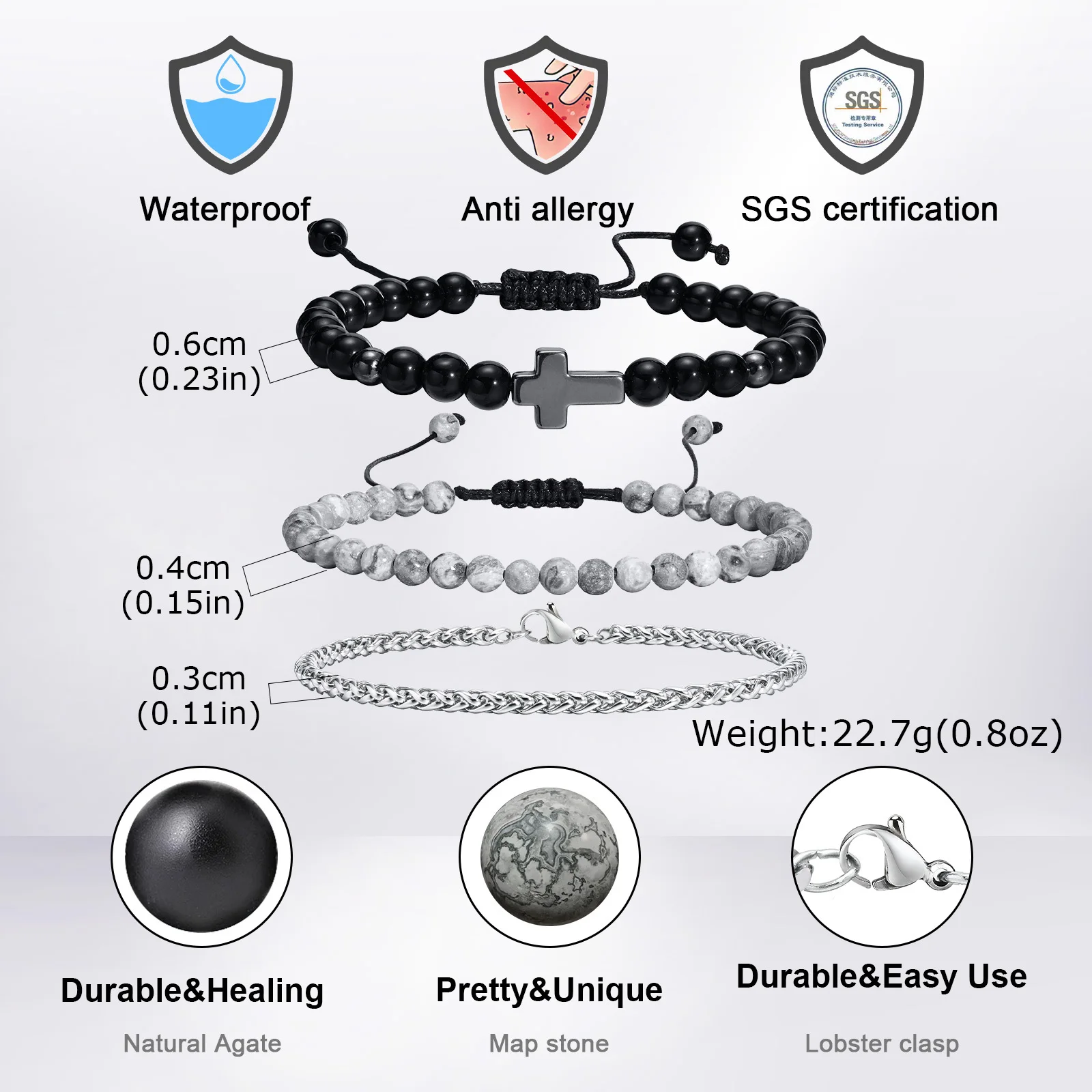 3pcs Men's Cross Beaded Bracelet,Punk Stainless Steel Chain Bracelet,Vintage Trendy Jewelry Gift for Him Boys