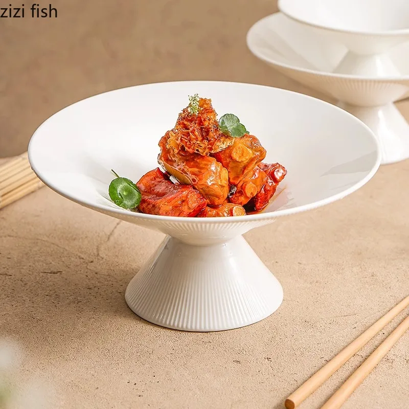 White Ceramic High Footed Plate Serving Dish Dessert Sushi Plate Pasta Dish Salad Molecular Cuisine Restaurant Tableware