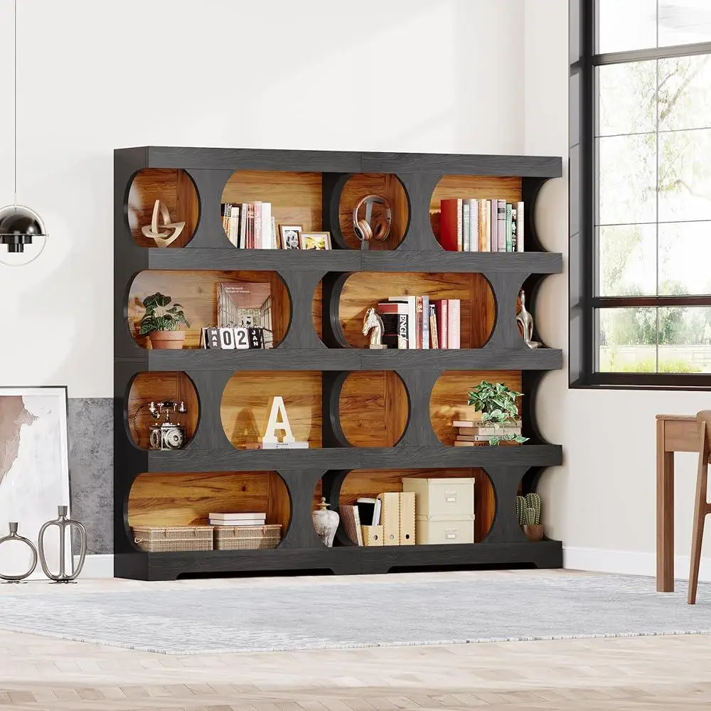 S Shaped Tall Bookcase Set of 2 4 Tier Modern Freestanding Storage Shelving Stylish Bookshelf Space Saving Display Units 2