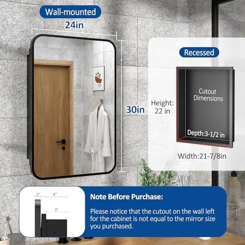 24x30" Metal Framed Mirror Medicine Cabinet with Adjustable Shelves