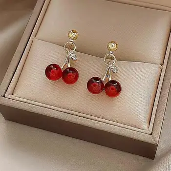925 Silver Needle Korean Fashion Red Cherry Drop Earrings For Women Jewelry 2025 Trending Sweet Cute Women's Fruit Earrings Gift