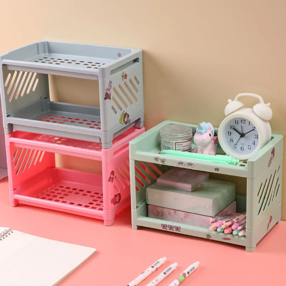 2 Layer Kawaii Minimalist Desk Desktop Organizer Storage Rack Student Dormitory Hollow Shelf Skin Care Storage Shelf New Cute
