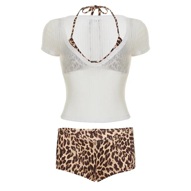 Fashionable Leopard Print Bikini Three-Piece Set Women's Slimming Tummy Covering Bikini Swimsuit Flat-Cut Pants Swimwear