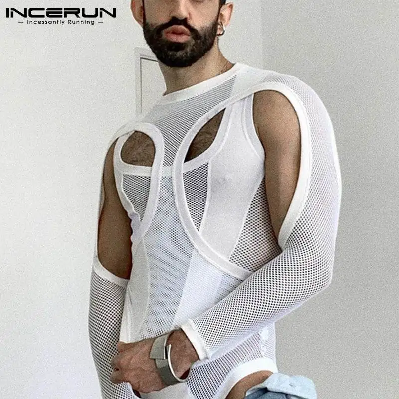 

INCERUN Men Bodysuits Mesh Patchwork See Through Pajamas O-neck Long Sleeve Rompers Underwear 2023 Skinny Sexy Bodysuit S-5XL 7