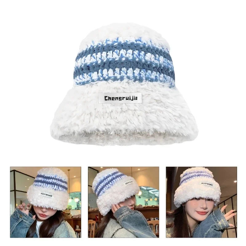 

Winter Plush Crochet Bucket Hat Ladies Commute Camping Fisherman Cap with Striped Pattern for Girlfriend Christmas Gift