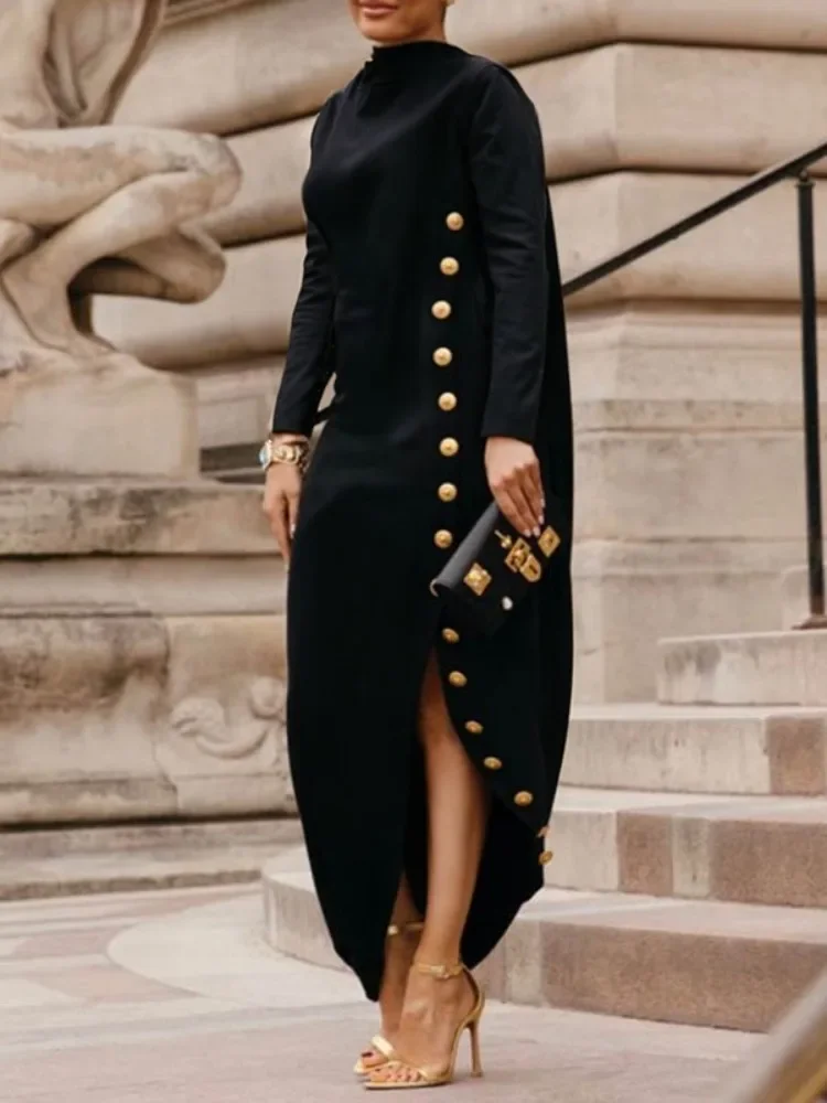 Yeezzi Damenmode, geknöpft, seitlich geteilt, Stehkragen, schwarzes Abendkleid, 2025, neue lange Ärmel, lockere, urbane Büro-Maxikleider