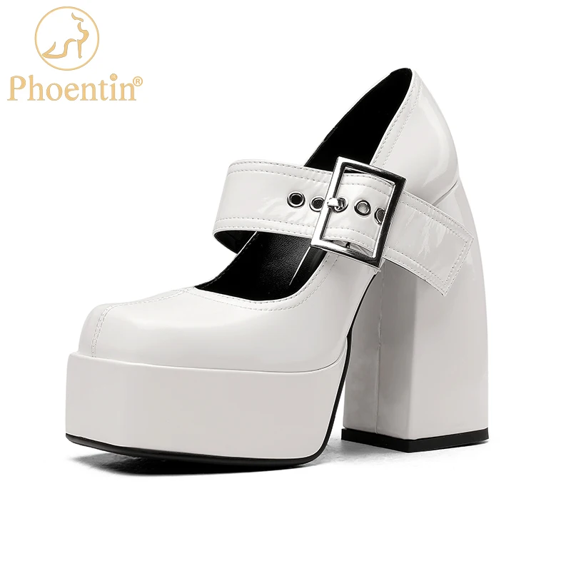 Phoentin Woman's White Black High Platform Mary Janes Shoes Elegant