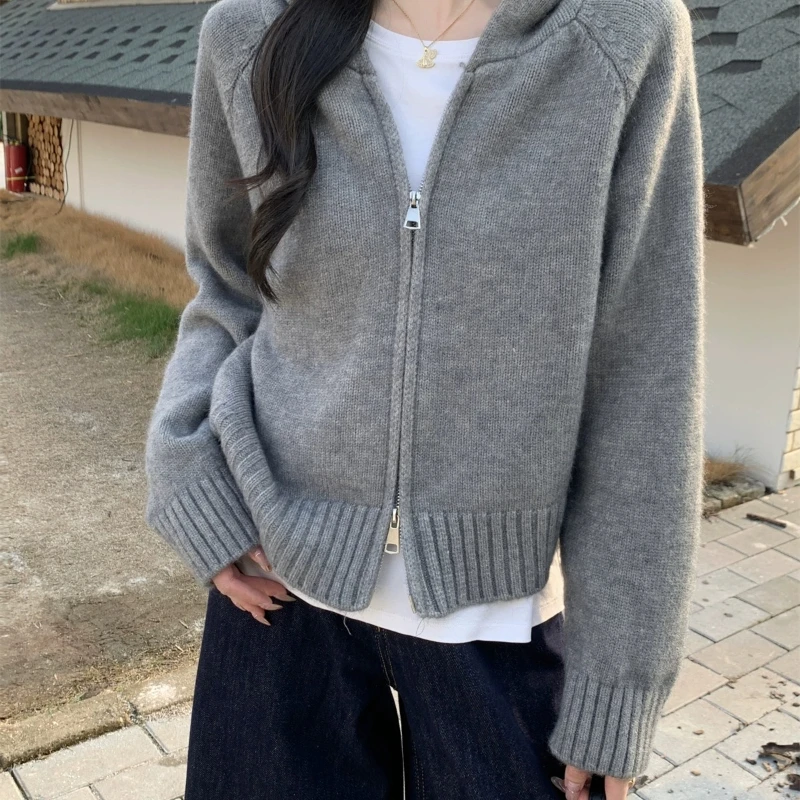 New Fashion Double Zipper Hooded Knitted Cardigan Women's Long Sleeved Sweater 2025 Autumn and Winter Solid Color Straight Coat