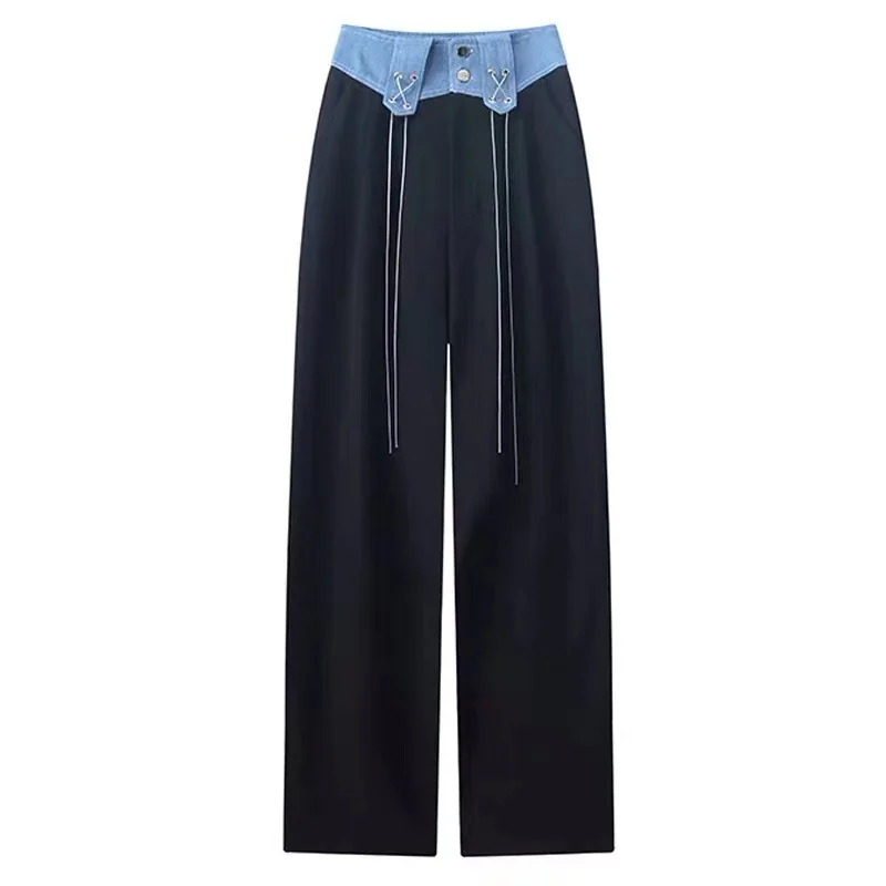 2023 Summer New Wide Legged Pants Women's Denim Spliced Lace up Chain High Waist Draping Floor Dragging Straight Leg Pants