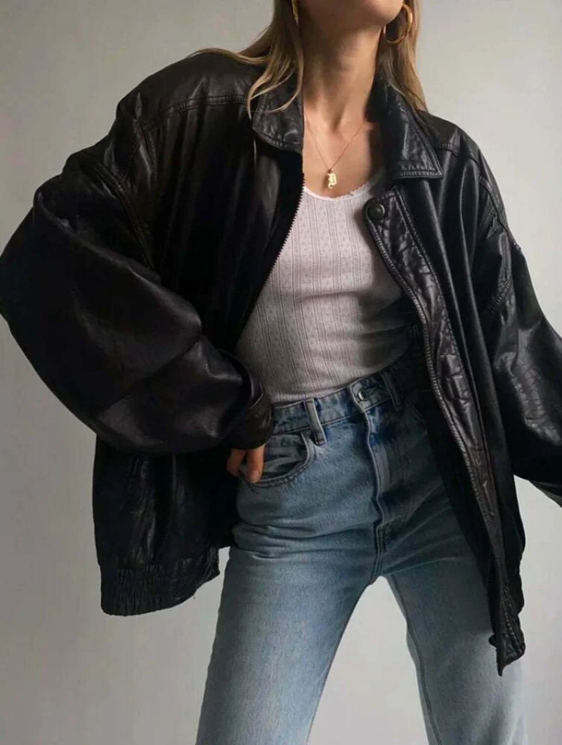 цена Women Fashion Leather Jacket Vintage Leather Oversized Bomber Jacket Outfit