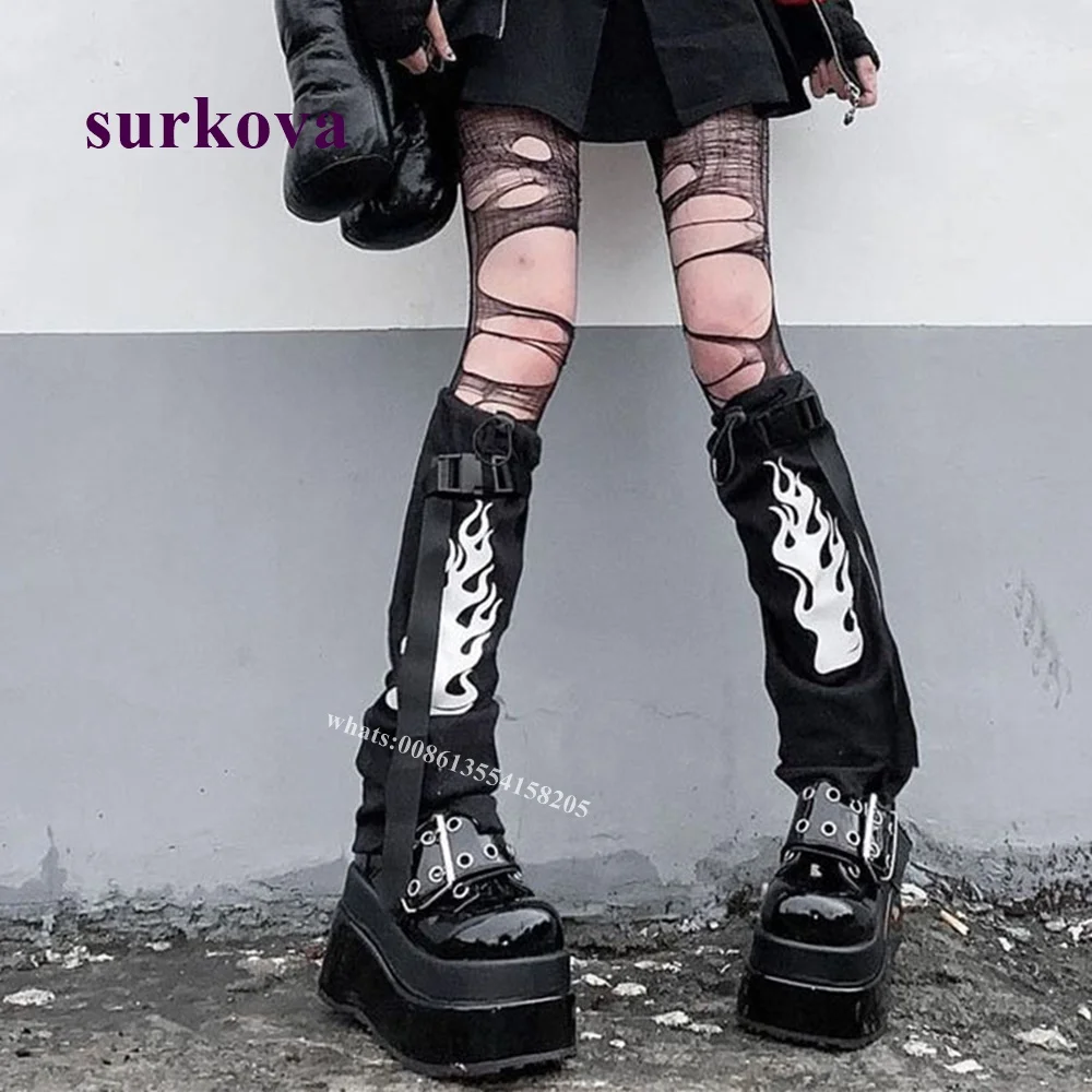 

Black Platform Knee High Boots 2022 New Round Toe Wedges Gladiator Women Boots Sexy Spice Girls Height Increasing Buckle Strap