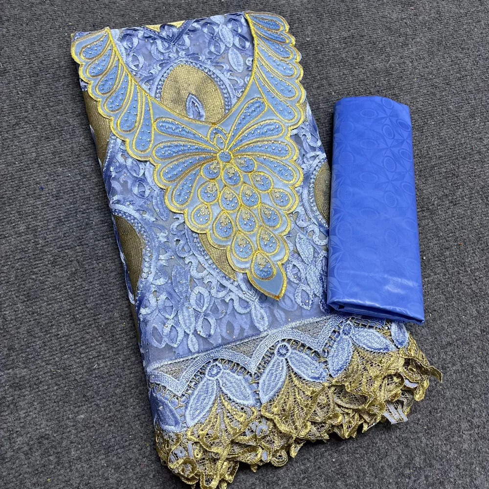 

New African Perfume Bazin Embroidery With High Quality Nigerian French Net Lace Fabric Collar Set For Dress 2.5+2.5 Yards b210-1