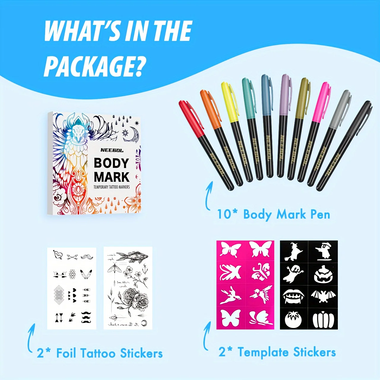 Tattoo Supplies 1set Body Mark Temporary Tattoo Markers for Skin with Foil Stickers and Template Multicolor Paint for DIY