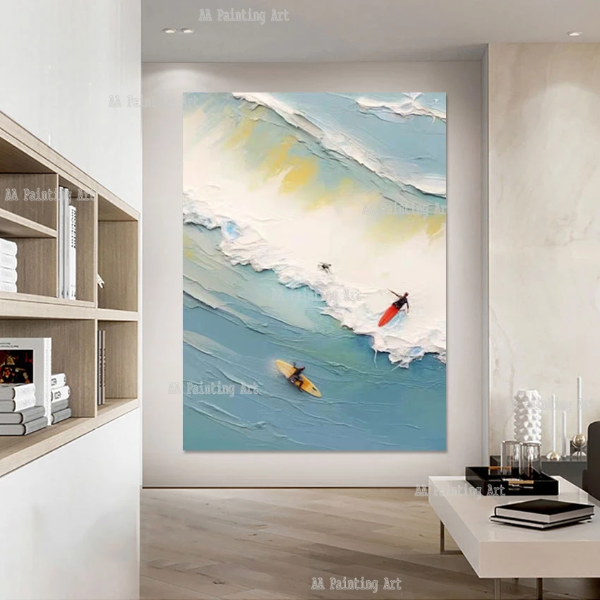 

Large Wall Painting Luxury Hotel Decoative Item Sea Wave People Surfing Canvas Wall Oil Painting Poster Art For Hotel Wall