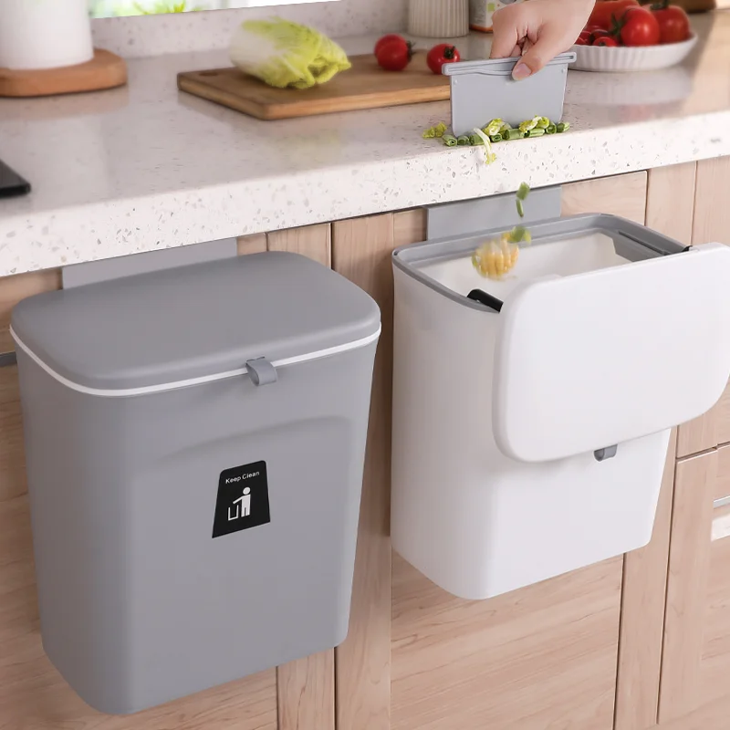 Hanging Trash Can with Lid Large Capacity Kitchen Recycling Garbage Basket Cabinet Door Bathroom Wall Mounted Trash Bin Dustbin