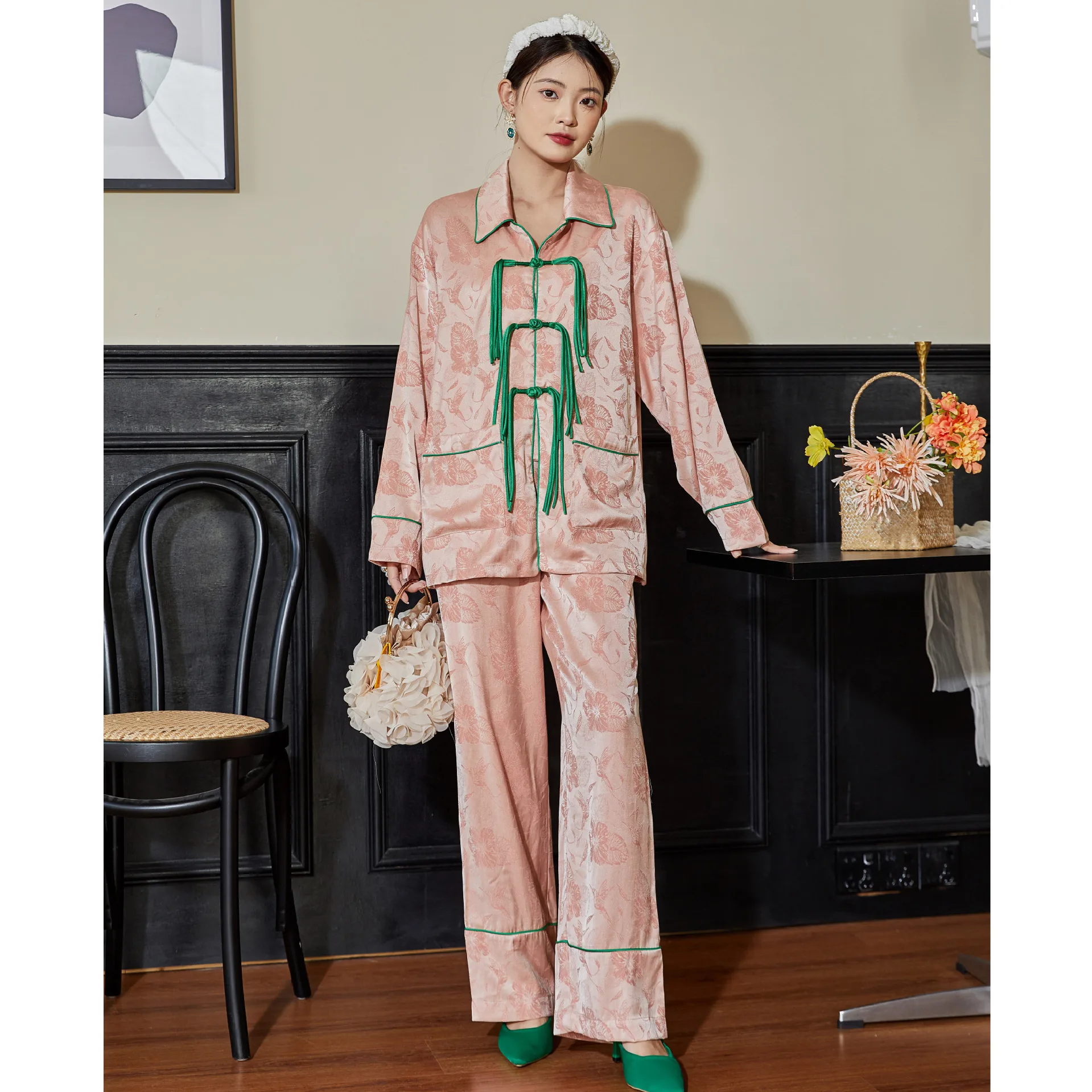 Women's Silk Satin Pajamas Set Chinese Jacquard Tassel Buckle Sleepwear for  Women Loungewear 2 Pcs Long Sleeve Pants Home Suit