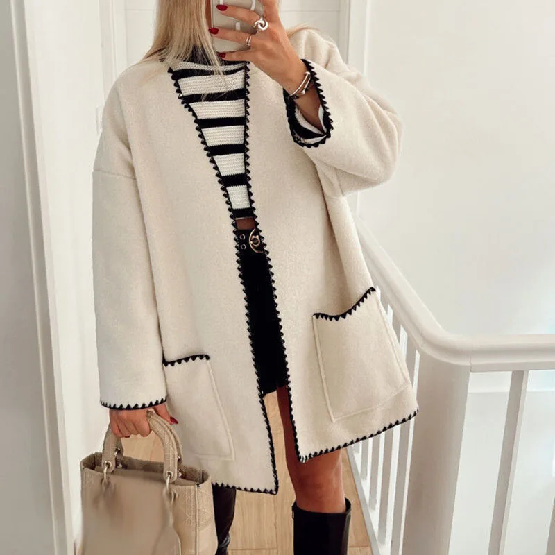 

Winter Fashion Contrast Color Woolen Coats Women Elegant High Street Loose Big Pocket Jacket Office Ladies Temperament Overcoat