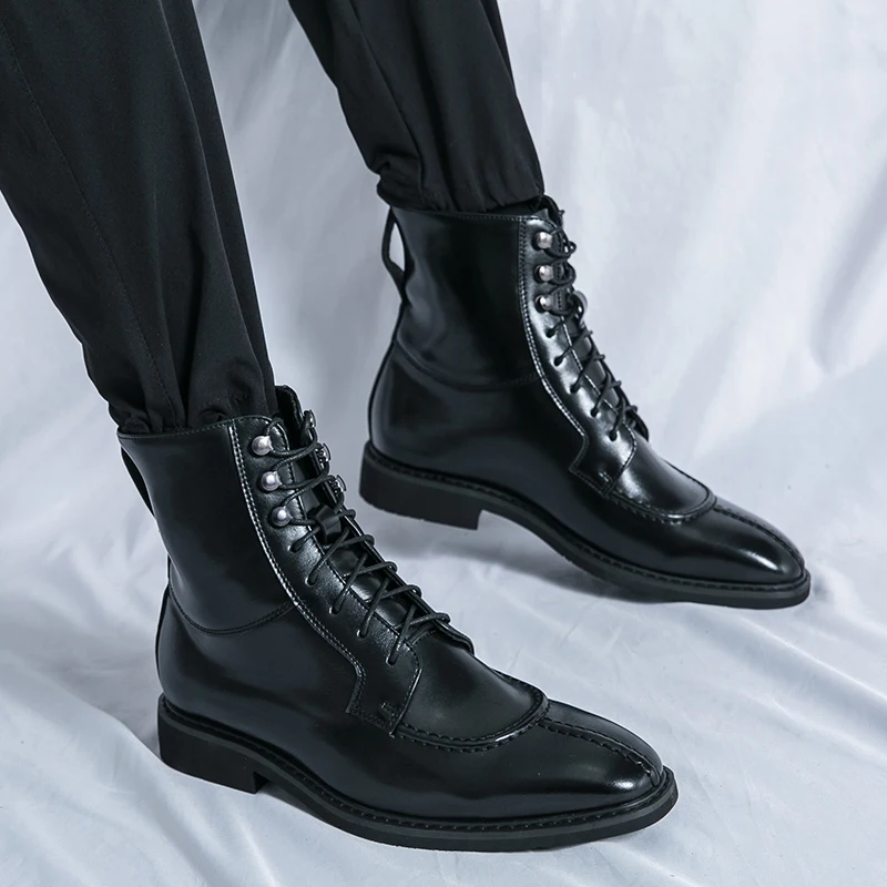 New Fashion Lace-up Motorcycle Boots Men's Leather Boots Luxury British Style Men Dress Martin Winter Black Business