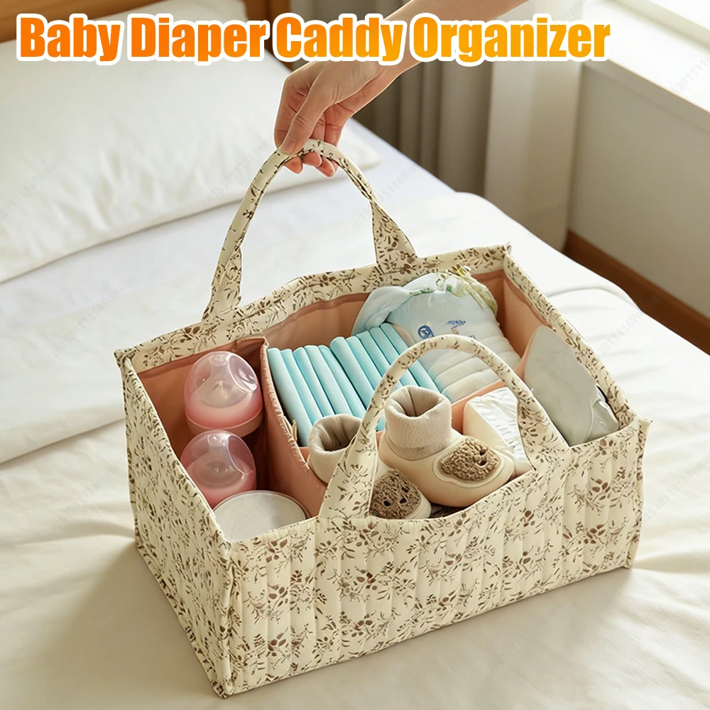 Organizer per Pannolini con Divisori, Cesto Portatile Trapuntato Floreale per la Cameretta, Regalo per Neonati Maschi e Femmine