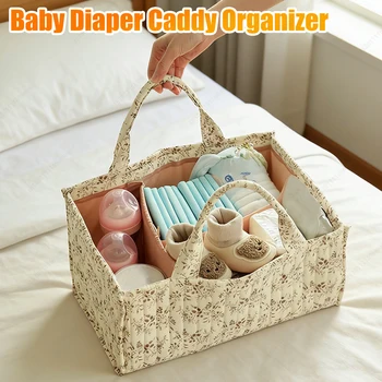 Organizer per Pannolini con Divisori, Cesto Portatile Trapuntato Floreale per la Cameretta, Regalo per Neonati Maschi e Femmine