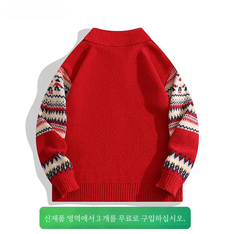 Boyue 하프 지퍼 스웨터 아메리칸 스타일 빈티지 연령 감소 크리스마스 레드 새해 디자인 감각 니트 탑 남성 여성