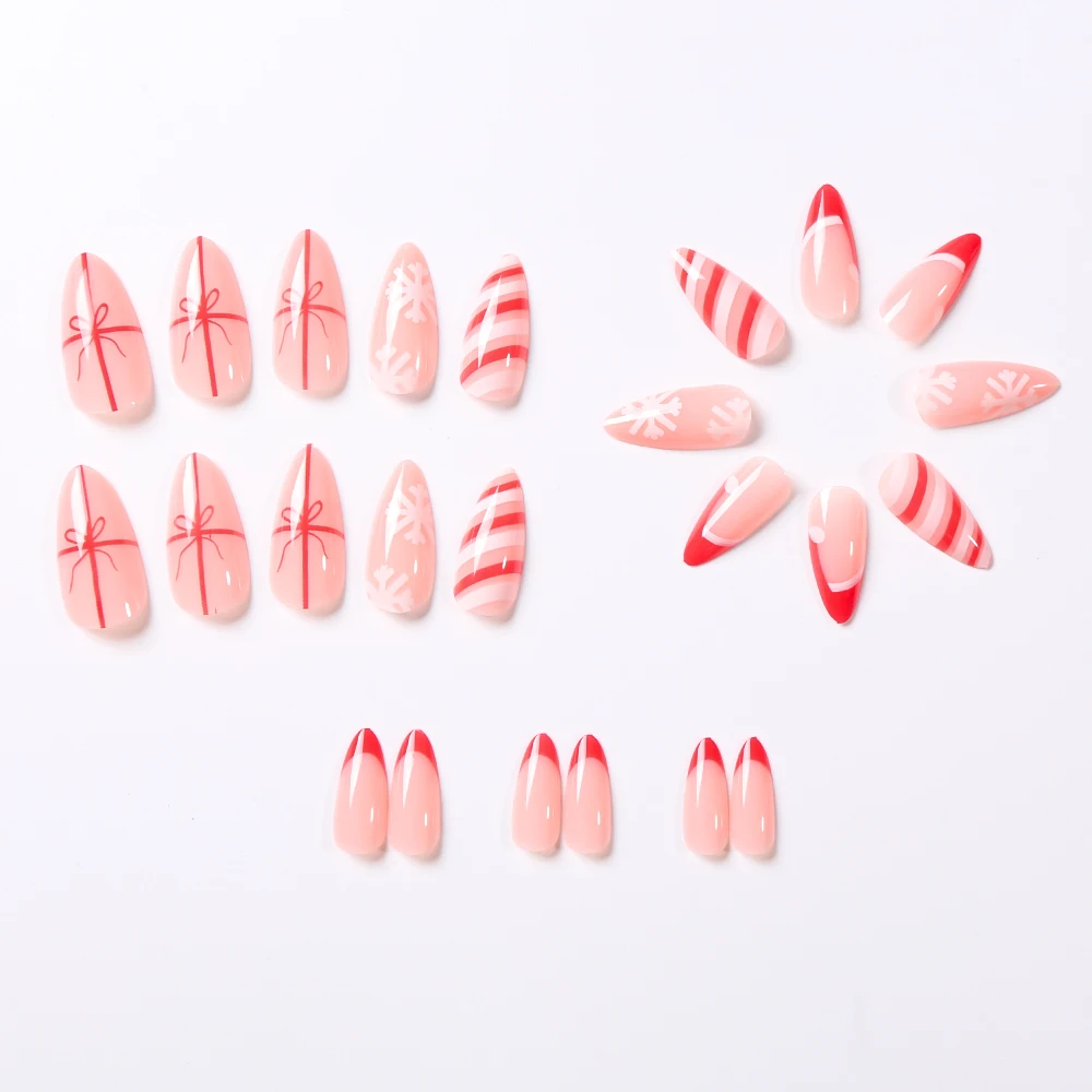 24 Stück französische Nägel zum Aufdrücken, Mandel-Weihnachtsmütze, rot und weiß gestreift, Schleife, Schneeflocke, künstliche Nägel, Kawaii, zum Aufdrücken der Nägel, mittelgroß * – Detail 13