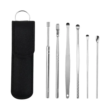 Nettoyeur d'oreille en acier inoxydable, cueilleur de cire d'oreille, dissolvant de cire, Kit de perçage, Curette de cérumen, cuillère, soins des oreilles, outils de nettoyage, 6 pièces/ensemble 1