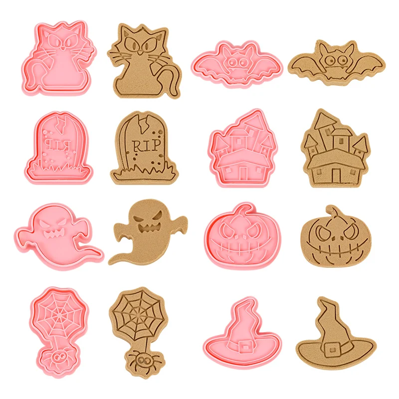 

3D Plastic Cookie Cutter Witch Hat Pumpkin Stamps Halloween Ghost Bat Pressable Biscuit Mold Kitchen Baking Pastry Bakeware Tool