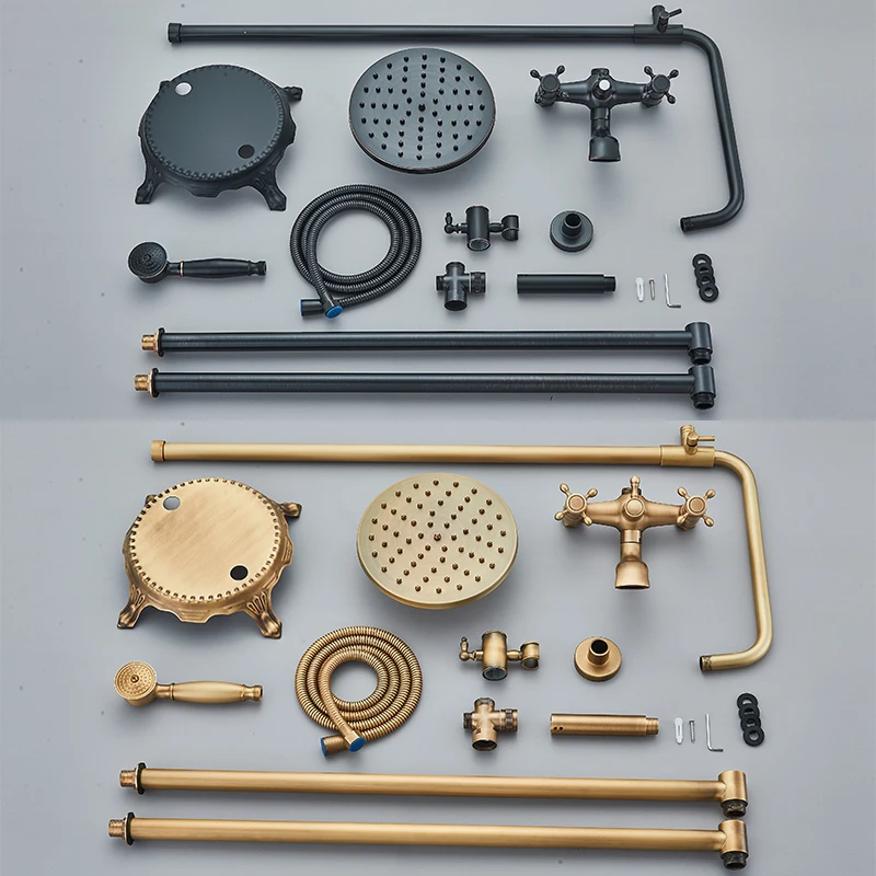 Antique Brass Floor Mounted Bathtub Faucet Free Standing Bathroom Shower Mixer Tap with Handshower 1.5~2m Rainfall Shower System 6