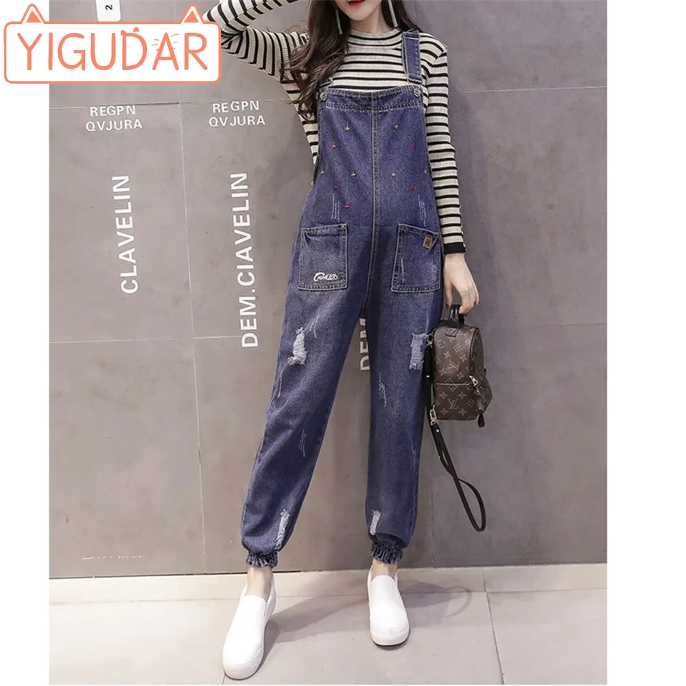 

Denim Strap Pants Pregnancy Clothes Pants Cute Loose 2023 Versatile Korean Version Small Man Broken Pants Spring and Autumn