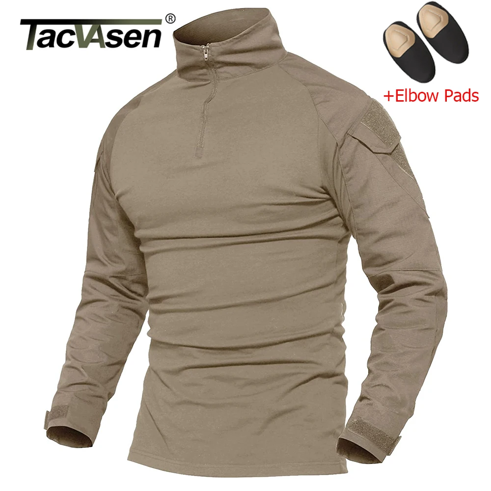 TACVASEN Mens Military Tactical Shirts 1/4 Zip Long Sleeve Hunting Combat Army T-shirts Slim Fit Rip-Stop Pullover W/ Elbow Pads