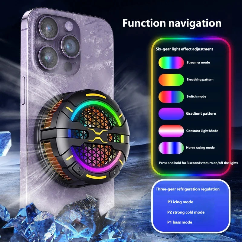 자석식 휴대폰 쿨러 6 RGB 4단계 AI 온도 조절 LED 디스플레이 아이폰/안드로이드/태블릿 게임용 라디에이터 (전환 가능)