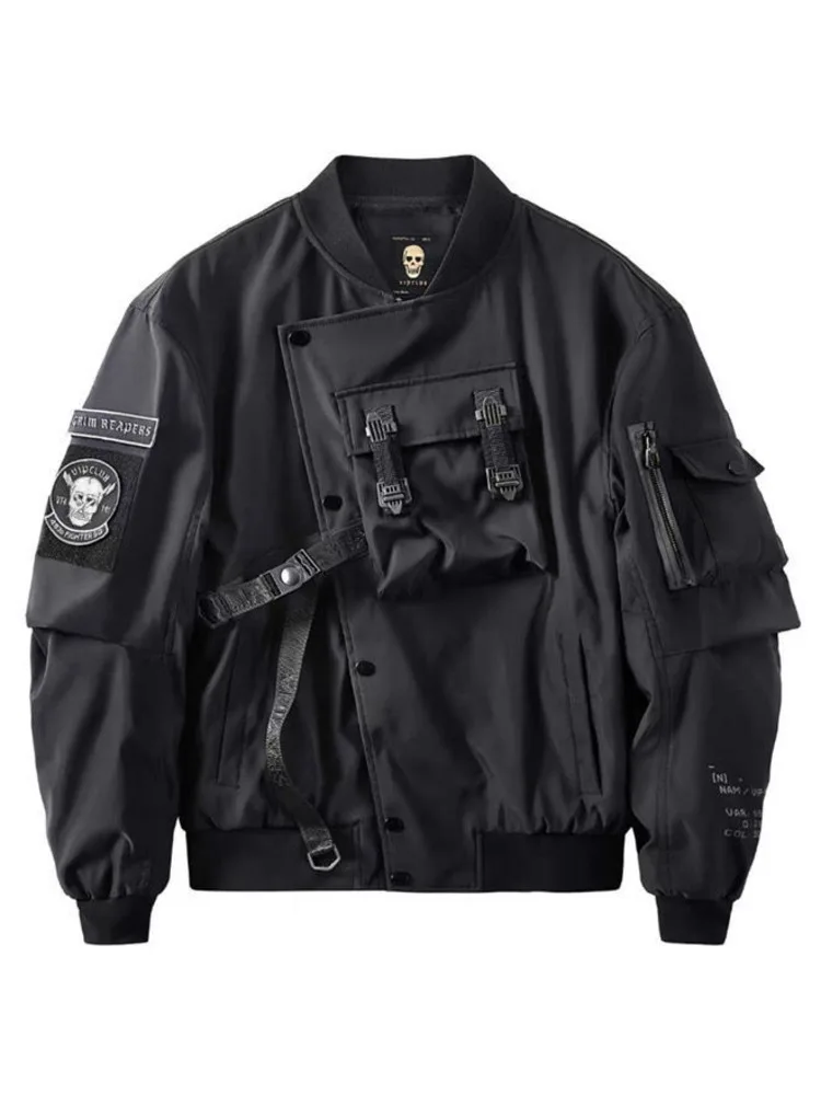 

God of Death Bomber Jacket Chest Pocket Techwear Men Punk Hip Hop Tactical Streetwear Black Varsity Jackets Oversized MA1 Coats