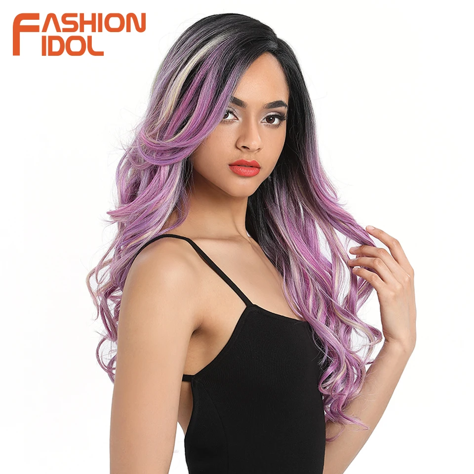 FASHION IDOL 22 Inch Body Wave Cosplay Wigs Synthetic Long Wavy Ombre Violet Heat Resistant Fiber Lace Front Wigs For Women