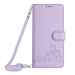 Charming Cat Crossbody Leather Wallet Phone Case with Lanyard and Card Slots for Tecno Spark 10 4G (Purple)