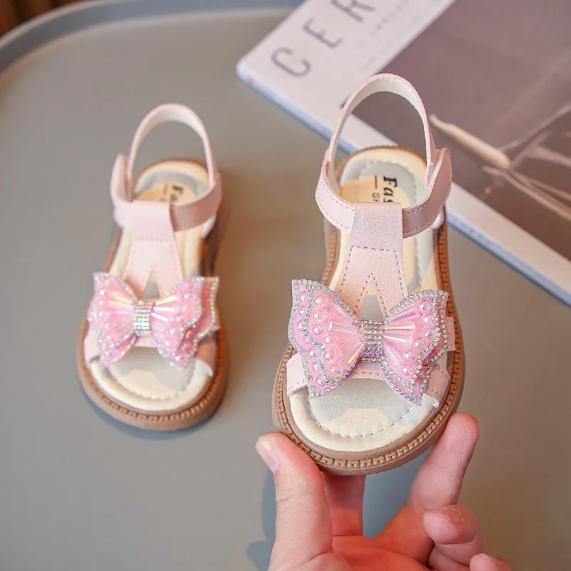 Toddler Girls Sweet T-strap Bowknot Sandals Beach Shoes Kids Princess Sandals 6-15 Years Flats Summer Baby Sandals for Girls 5