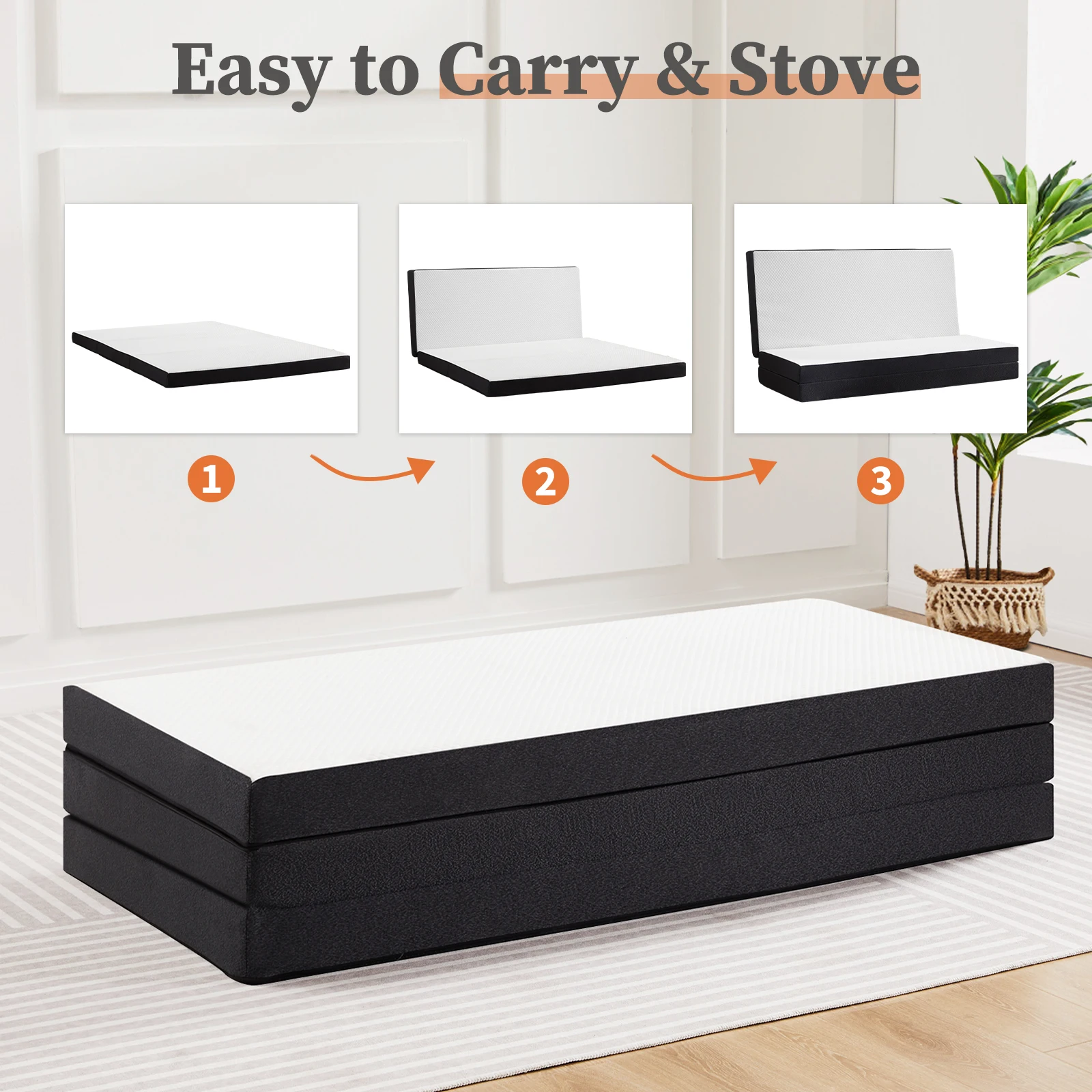Tri-fold mattress unfolded for use