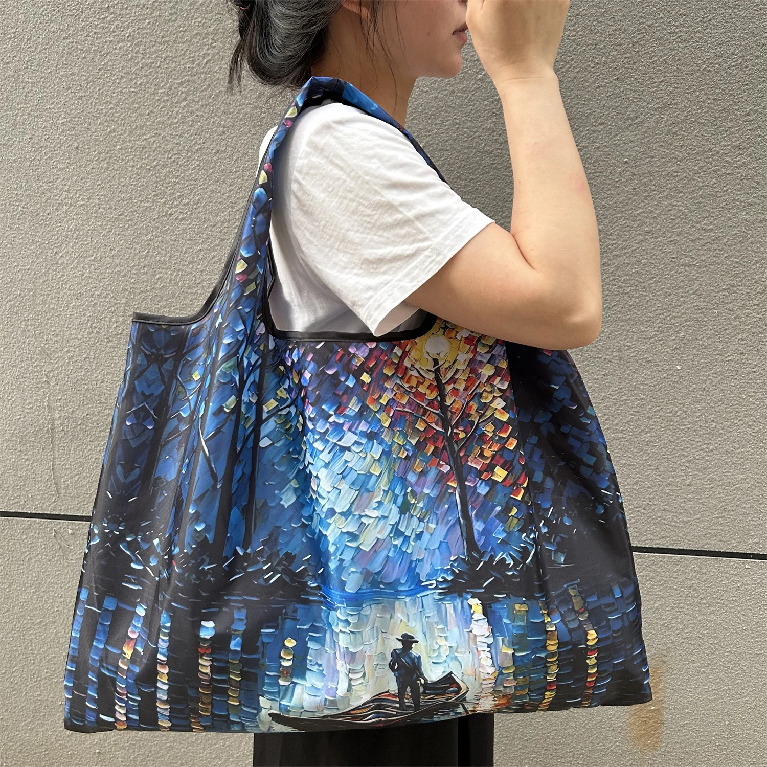 Large Foldable Nylon Shopping Tote - Eco-Friendly Reusable Shoulder Bag with Portable Pouch
