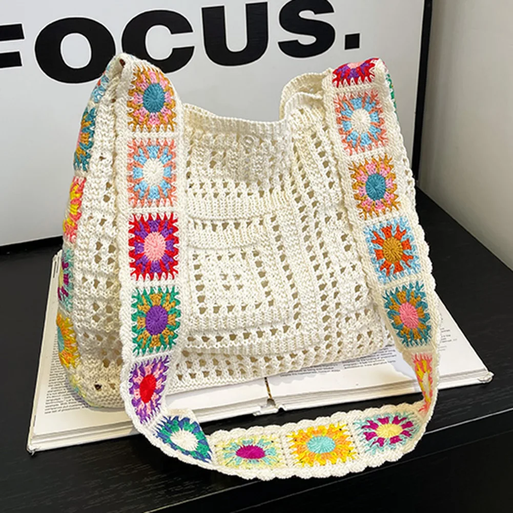 Knitted Shoulder Bag Women Crochet Tote Bag Weaving Crossbody Messenger Bag Female Knit Woven Handbag Purse Bohemian Travel Bag