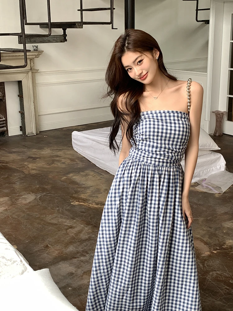 Casual Strapless Midi Dresses for Women Striped Sleeveless A-line Korean Chic Summer New Party Dress Vestidos Mujer
