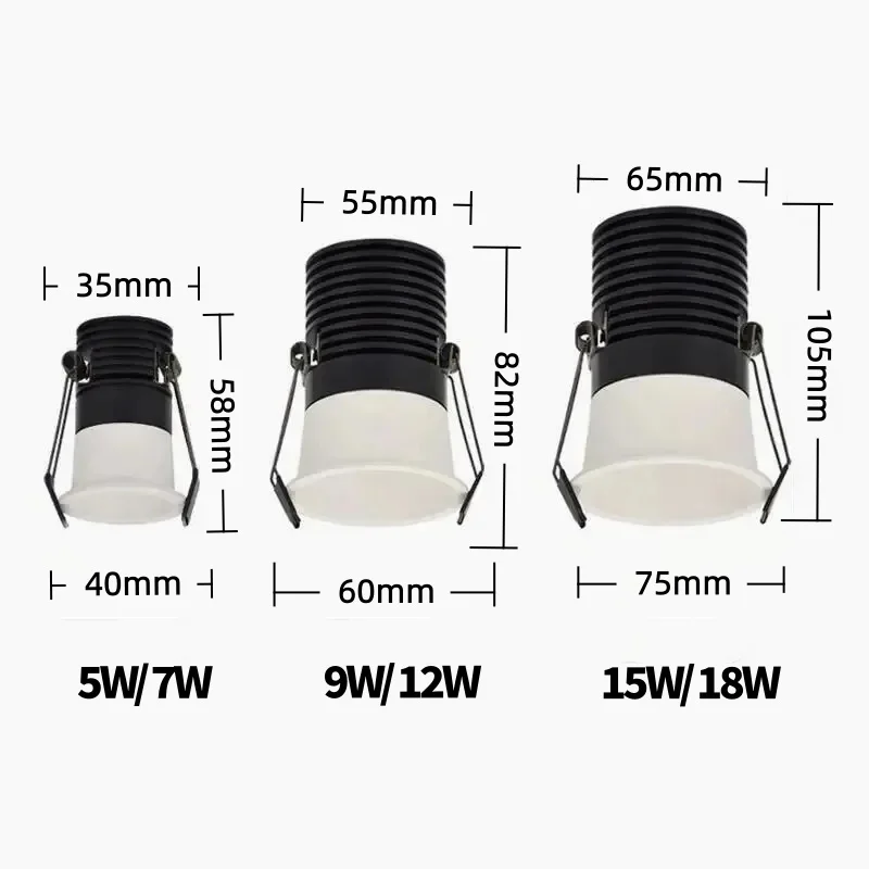 LED 천장 COB 다운라이트 디밍 가능 5W 7W 9W 12W 15W 18W 매입형 LED 천장 램프 스포트라이트 전구 실내 조명