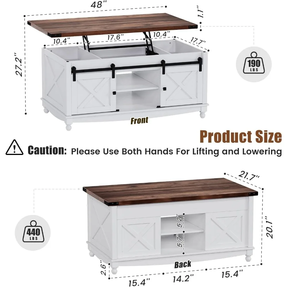 48" Farmhouse Lift Top Coffee Table with Storage Sliding Barn Door & Large Hidden Compartment, Coffee Table with Lifting Top 5