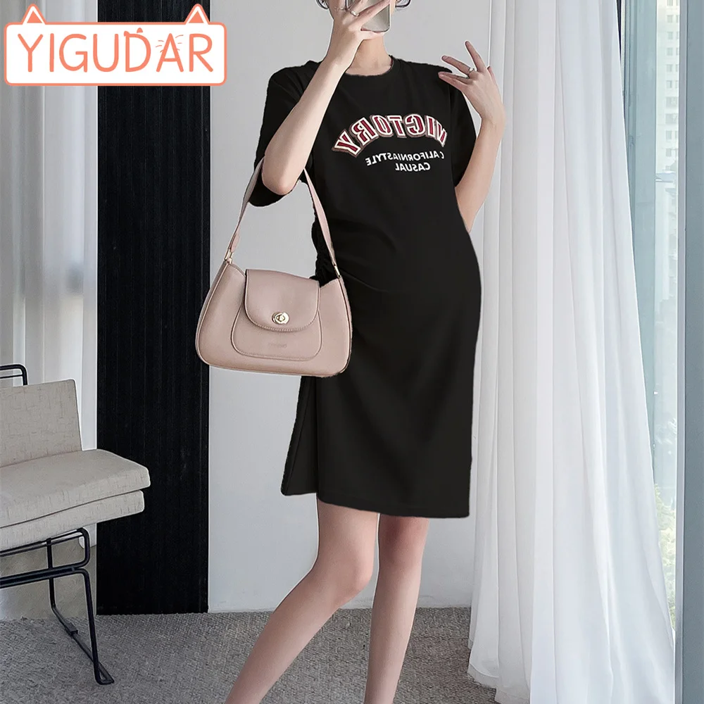 

Maternity Clothes Dress Summer New Sweet Cool Style Pregnant Women's Fashion Slim Fit Drawstring T-shirt Mid length Dress Women