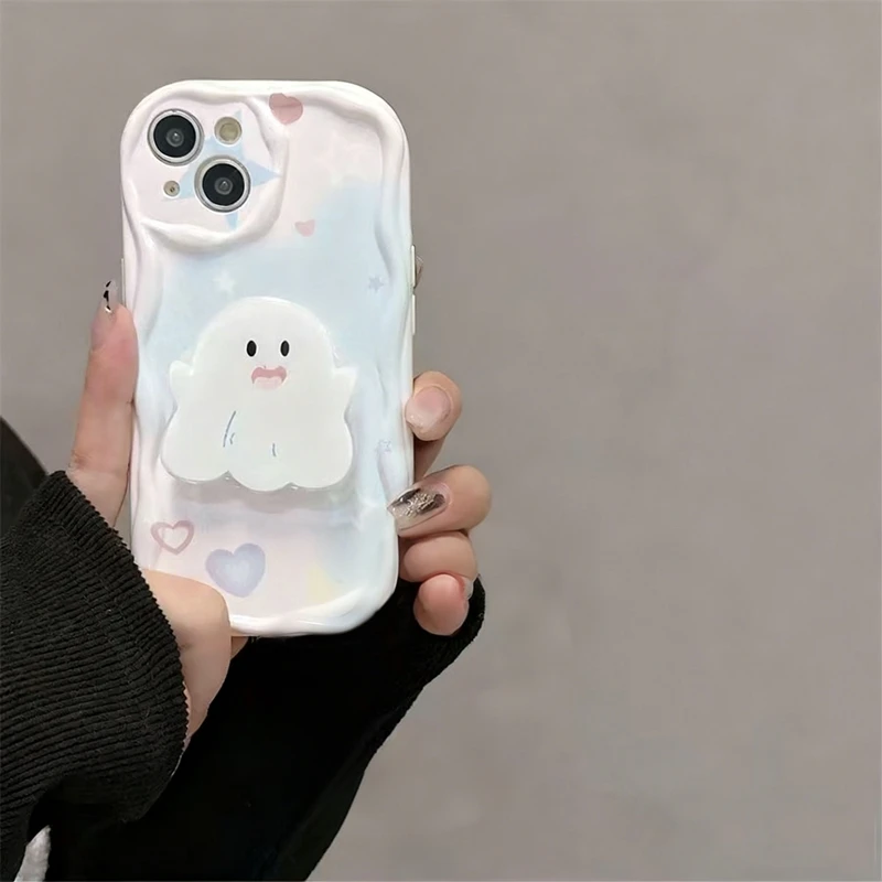 White Ghost Stand Holder Wave TPU Soft Phone Case
