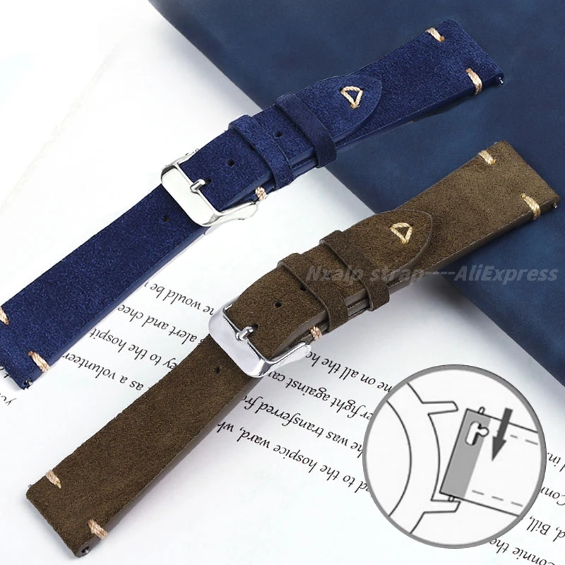 Cinturino In Morbida Pelle Scamosciata Per Seiko Per Cinturino Omega Bracciale Vintage Cinturino Con Cuciture Fatte A Mano Blu Marrone Grigio 20Mm 22M