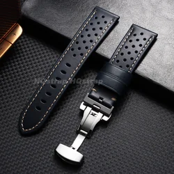 Vintage Racing Style Perforated Leather Watch Strap with Butterfly Clasp - 18mm (Blue)