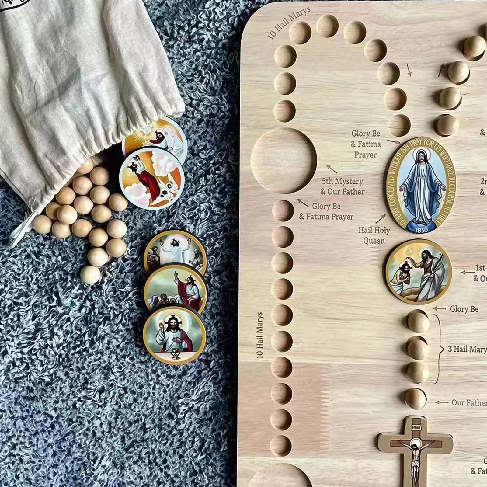 Wooden Rosary Board Montessori Inspired Board Family Prayer Rosary Boards Spiritual Portable Church Meditation Rosarys