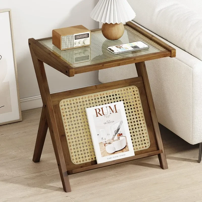 

Bamworld Rattan Side Table Boho NightStand Mid Century Modern End Table Glass Bedside Table Small End Tables Bamboo