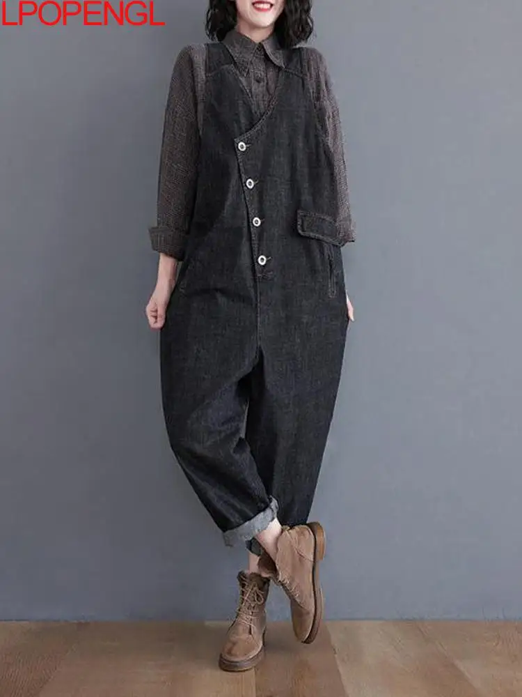 New Fashion Stitching Denim Overalls Korean Wide-leg Jumpsuit Vintage Jeans Tide Sleeveless Irregular Single Breasted Overalls