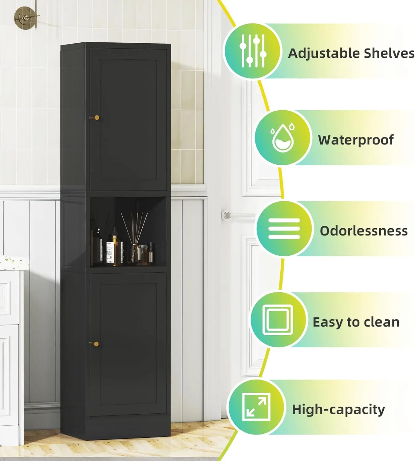 Tall Narrow Storage Cabinet - 67" Slim Bathroom Organizer with 3 Adjustable Shelves, 2 Doors (Left/Right Opening),Metal Floor